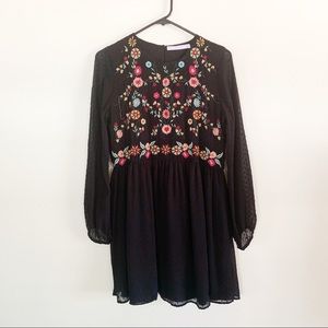 Zara Black Mini Fit and Flare Embroidered Dress